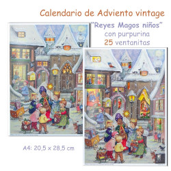 Calendario de Adviento vintage con purpurina Reyes Magos Niños 