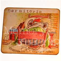Placa puerta vintage cartón maché. 12,4 X 11 cm, con cordel. Elefante "DORMITORIO".