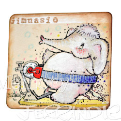 Placa puerta vintage cartón maché. 12,4 X 11 cm, con adhesivo. Elefante "GIMNASIO"