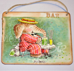 Placa puerta vintage cartón maché. 12,4 X 11 cm, con cordel. Elefante "BAR".