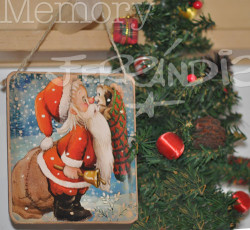 Placa puerta vintage  Papá Noel, cartón maché 12,4X11 cm, con cordel.