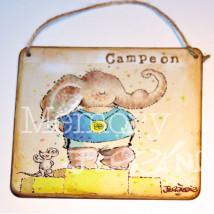 Placa puerta vintage cartón maché. 12,4 X 11 cm, con cordel. Elefante "CAMPEÓN"