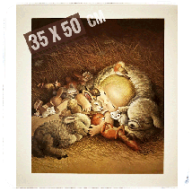 Lámina original "NIÑO JESÚS Y MASCOTAS" A. 35X50 cm. Ferrándiz