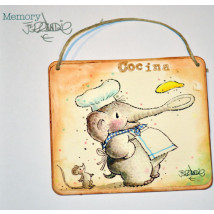 Placa puerta vintage cartón maché. 12,4 X 11 cm, con cordel. Elefante "COCINA"