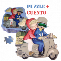 Puzzle en caja troquelada "Olga y Jorge en vespa" + CUENTO.